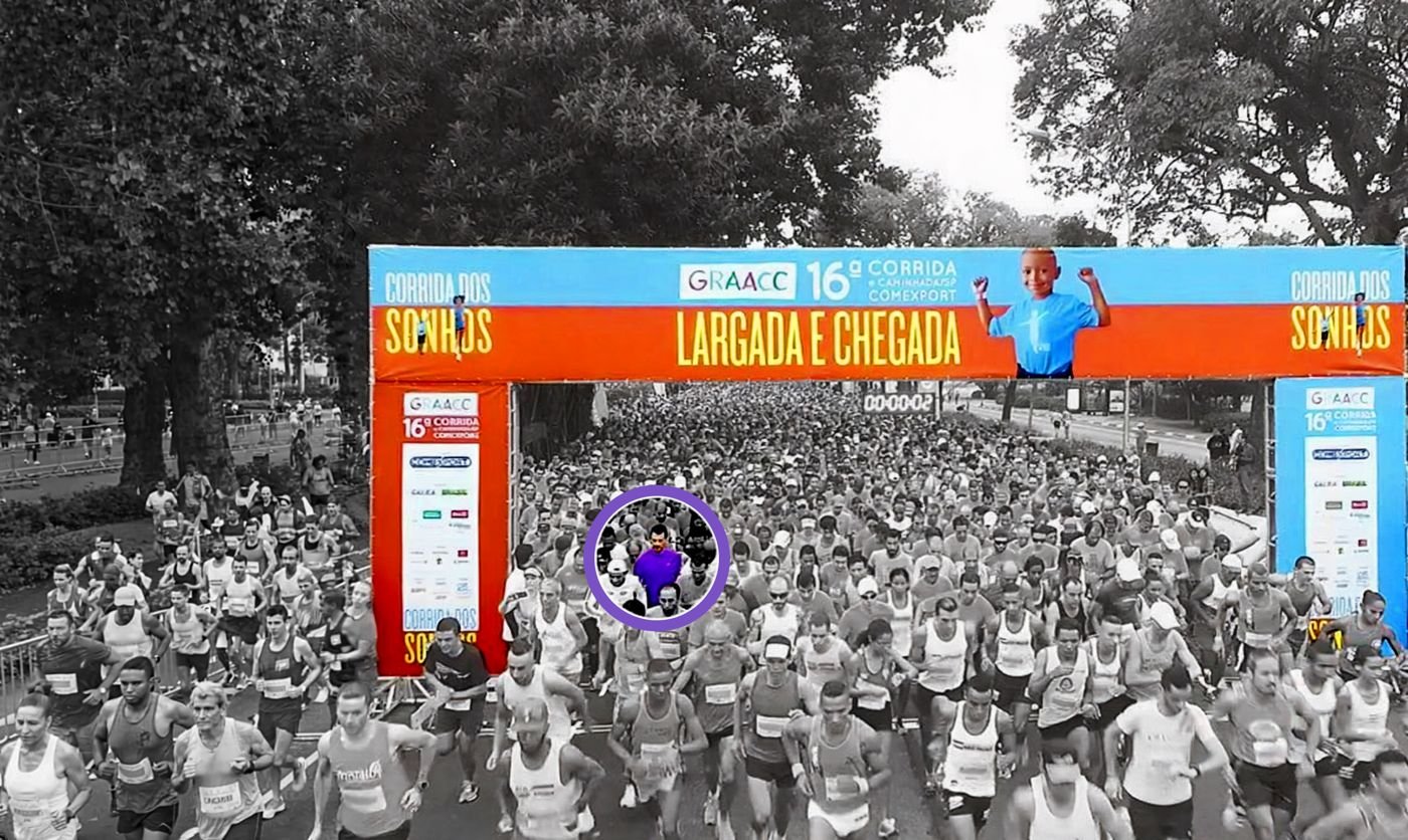 Largada da 16ª Corrida do GRAACC, com Fred destacado em roxo no meio dos corredores